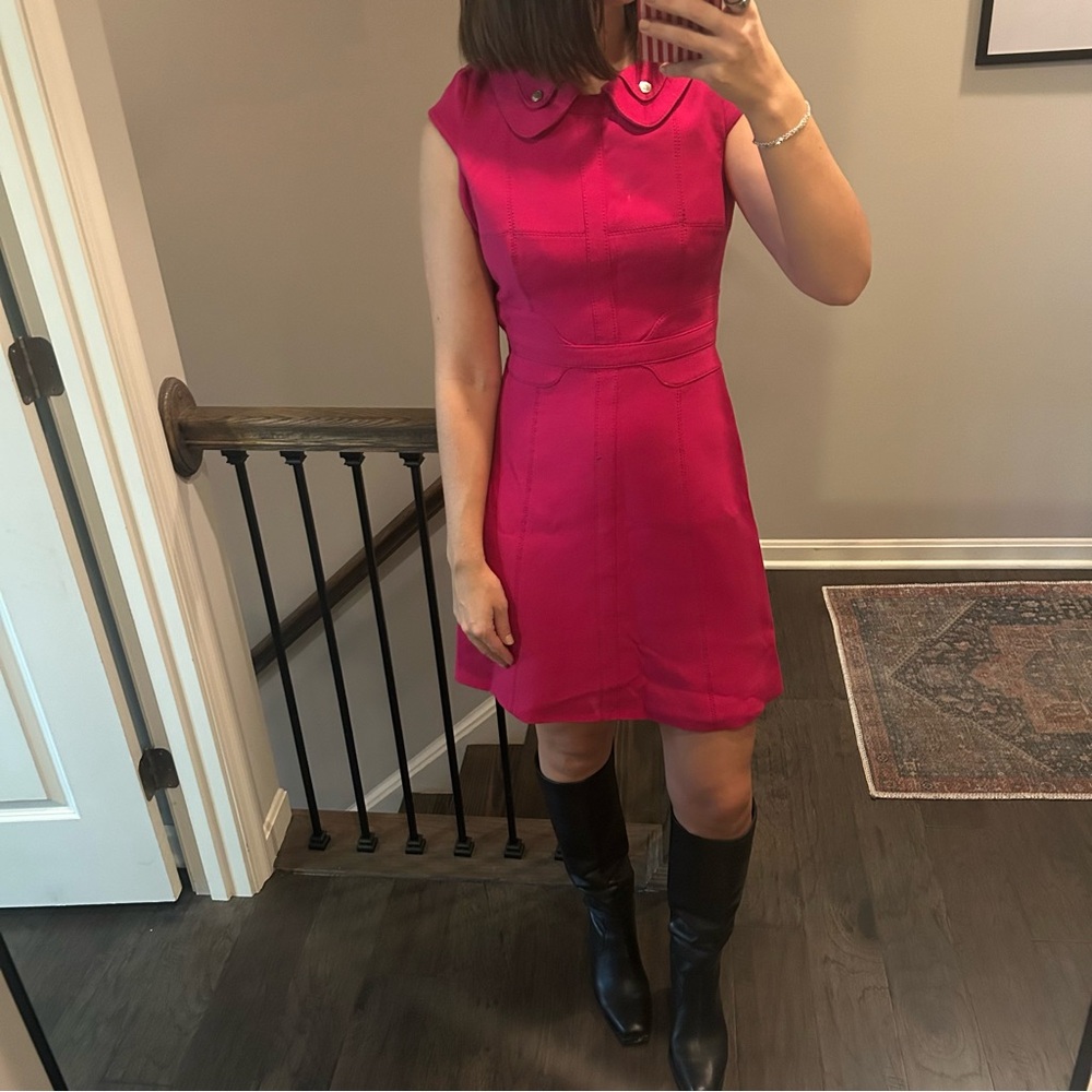 Karen Millen Hot Pink Dress Size 4 Tailored Gold Detail Work Church - Picture 10 of 10